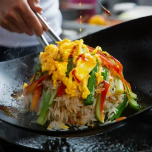 Mixing a fryed egg and rice