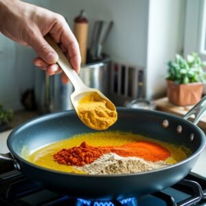 Adding Masala to Tomato puri 