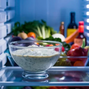 A covered glass bowl of blue cheese dressing placed inside a refrigerator, with fresh vegetables and condiments in the background. The refrigerator light softly illuminates the scene.