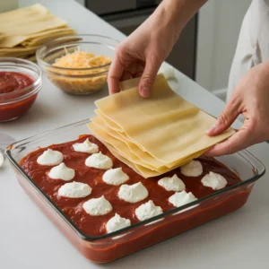 A step-by-step visual of layering a lasagna in a baking dish. Show lasagna sheets, a layer of tomato sauce, dollops of ricotta, and a sprinkle of shredded cheese. The hands of the cook are placing the next layer of lasagna sheets on top. Background includes a countertop with bowls of prepared ingredients.