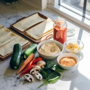 A bright and colorful image showcasing vegan lasagna ingredients on a marble kitchen counter. Include lasagna sheets, a bowl of cashew-based vegan ricotta, nutritional yeast, fresh vegetables like zucchini, spinach, and mushrooms, a jar of tomato sauce, and a small bowl of dairy-free shredded cheese. Natural sunlight coming through a window."